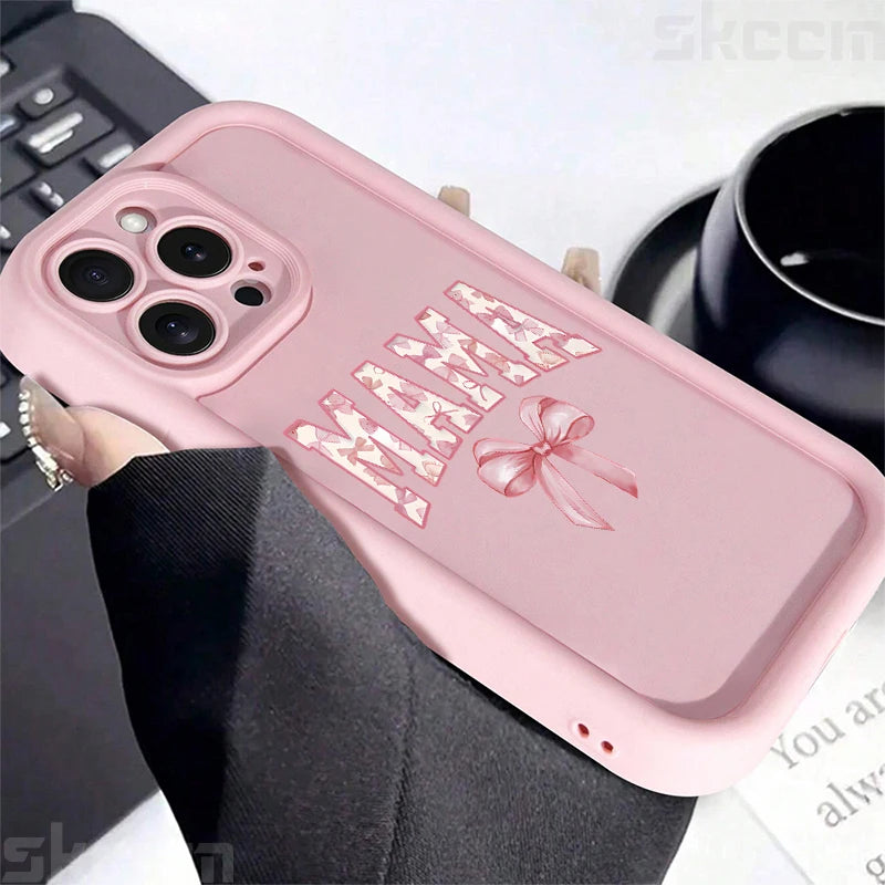 Stylish Pink Bow Mom's Letter Pattern Silicone Phone Case for iPhone 11 to 16 Pro Max - Full Coverage & Anti-Scratch Protection