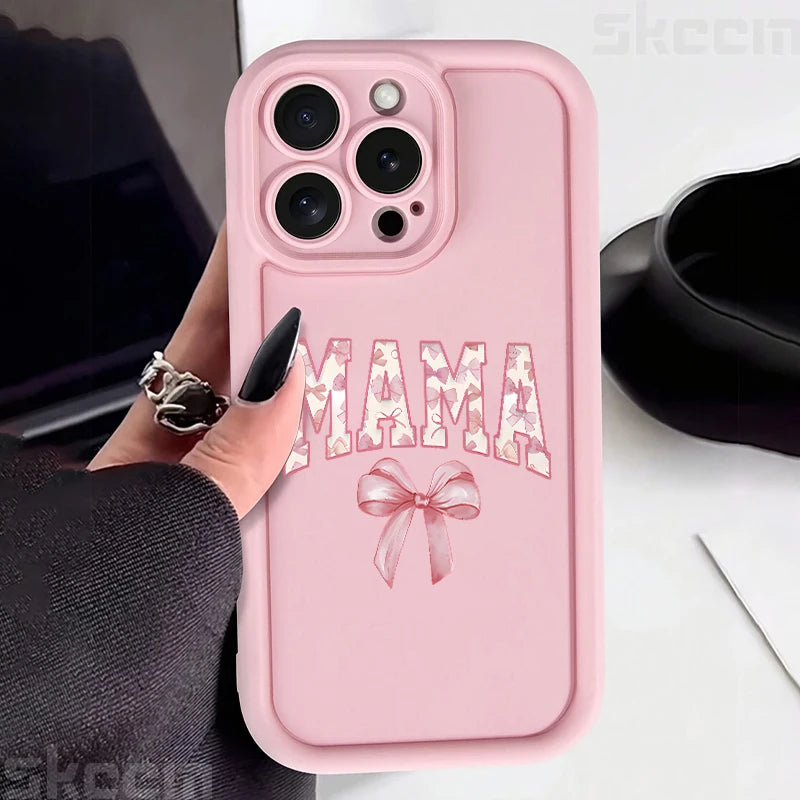 Stylish Pink Bow Mom's Letter Pattern Silicone Phone Case for iPhone 11 to 16 Pro Max - Full Coverage & Anti-Scratch Protection