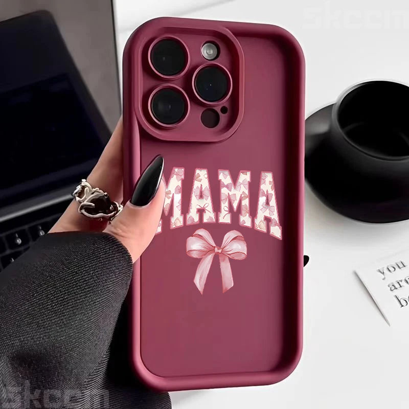 Stylish Pink Bow Mom's Letter Pattern Silicone Phone Case for iPhone 11 to 16 Pro Max - Full Coverage & Anti-Scratch Protection