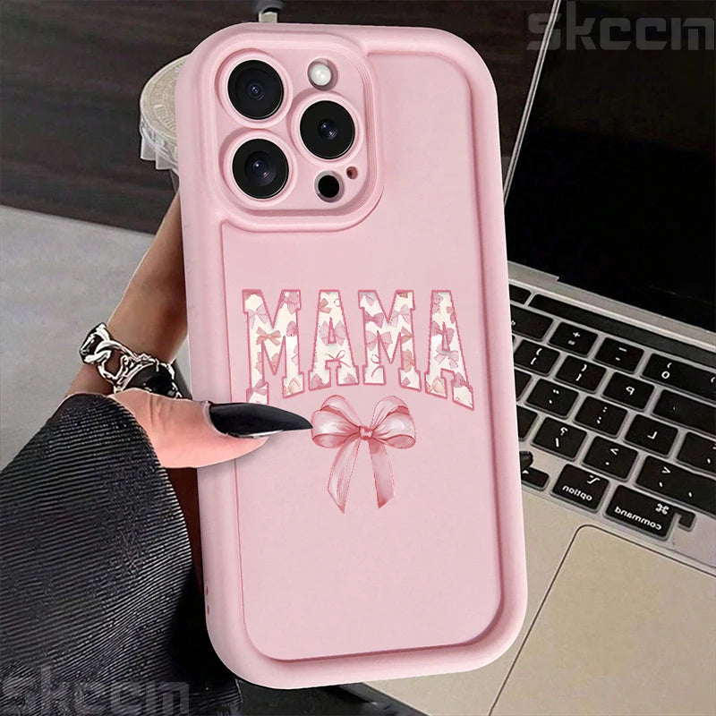 Stylish Pink Bow Mom's Letter Pattern Silicone Phone Case for iPhone 11 to 16 Pro Max - Full Coverage & Anti-Scratch Protection