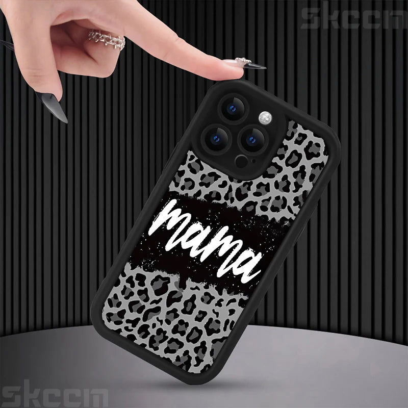 Stylish Leopard Print Mom Letter Pattern Phone Case - Full Coverage Matte Silicone for iPhone 16, 15 Pro Max, 14 Plus, 13, 12, 11, X, XS, XR, 7, 8 Plus