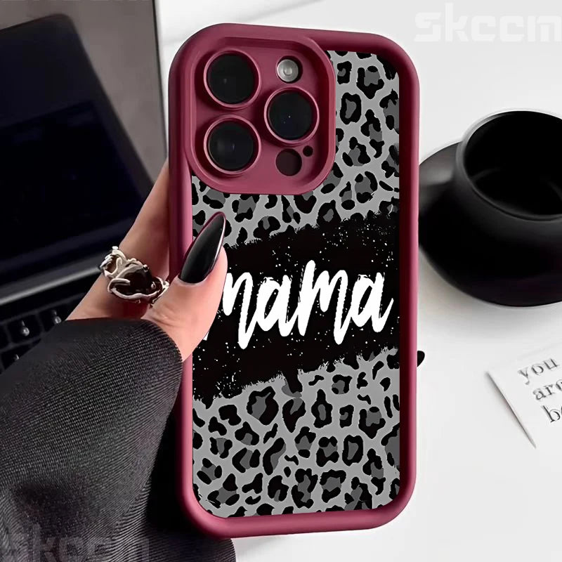 Stylish Leopard Print Mom Letter Pattern Phone Case - Full Coverage Matte Silicone for iPhone 16, 15 Pro Max, 14 Plus, 13, 12, 11, X, XS, XR, 7, 8 Plus
