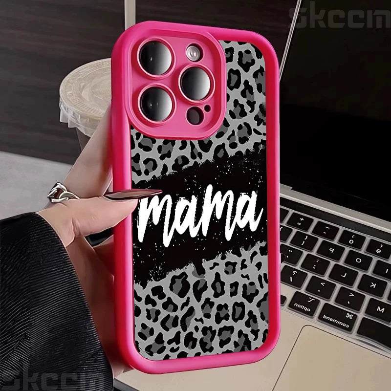 Stylish Leopard Print Mom Letter Pattern Phone Case - Full Coverage Matte Silicone for iPhone 16, 15 Pro Max, 14 Plus, 13, 12, 11, X, XS, XR, 7, 8 Plus