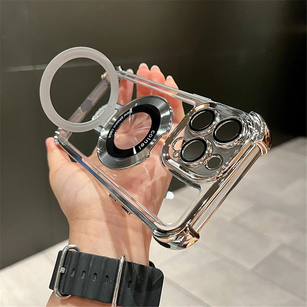 Stylish & Protective Luxury Plating Magnetic Bracket Case for iPhone 15-11 Pro Max with Stand Feature