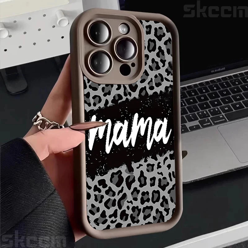 Stylish Leopard Print Mom Letter Pattern Phone Case - Full Coverage Matte Silicone for iPhone 16, 15 Pro Max, 14 Plus, 13, 12, 11, X, XS, XR, 7, 8 Plus