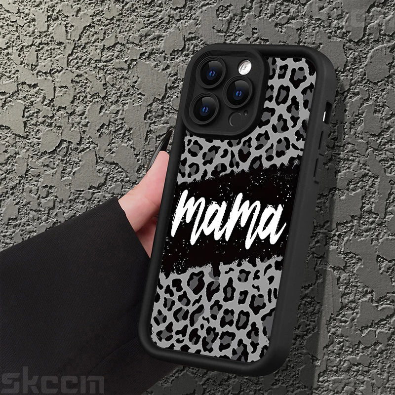 Stylish Leopard Print Mom Letter Pattern Phone Case - Full Coverage Matte Silicone for iPhone 16, 15 Pro Max, 14 Plus, 13, 12, 11, X, XS, XR, 7, 8 Plus