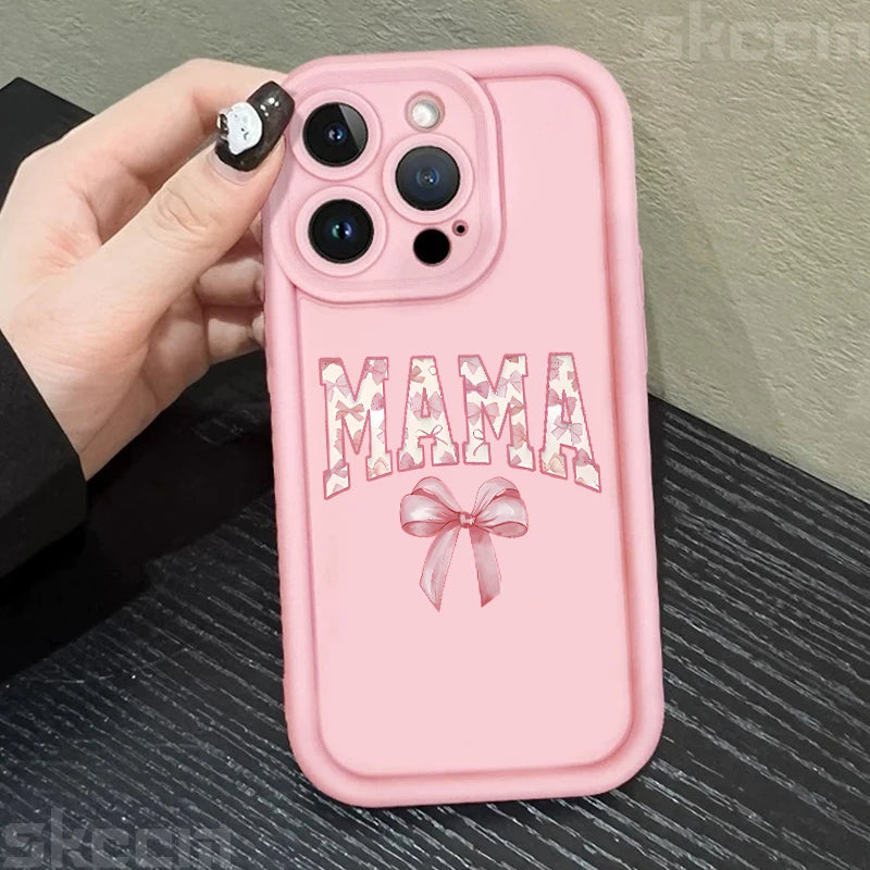 Stylish Pink Bow Mom's Letter Pattern Silicone Phone Case for iPhone 11 to 16 Pro Max - Full Coverage & Anti-Scratch Protection