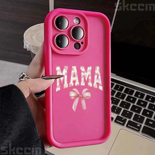 Stylish Pink Bow Mom's Letter Pattern Silicone Phone Case for iPhone 11 to 16 Pro Max - Full Coverage & Anti-Scratch Protection