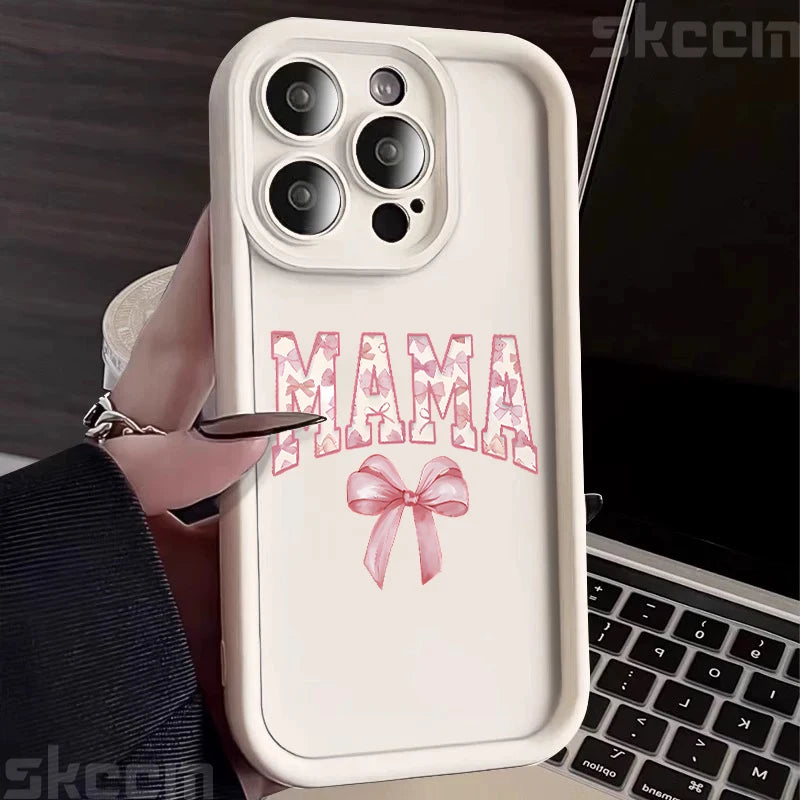 Stylish Pink Bow Mom's Letter Pattern Silicone Phone Case for iPhone 11 to 16 Pro Max - Full Coverage & Anti-Scratch Protection