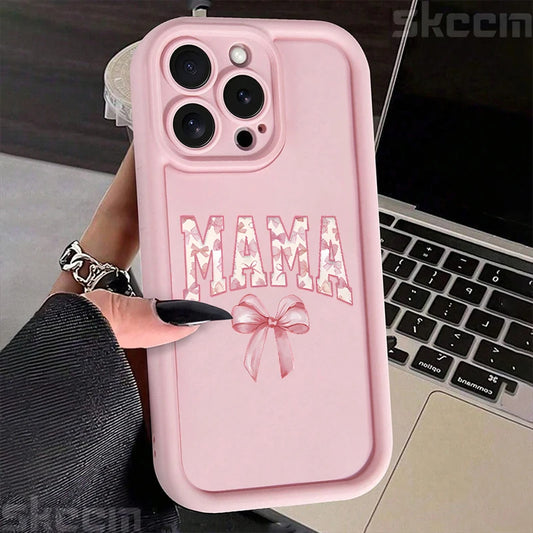 Stylish Pink Bow Mom's Letter Pattern Silicone Phone Case for iPhone 11 to 16 Pro Max - Full Coverage & Anti-Scratch Protection