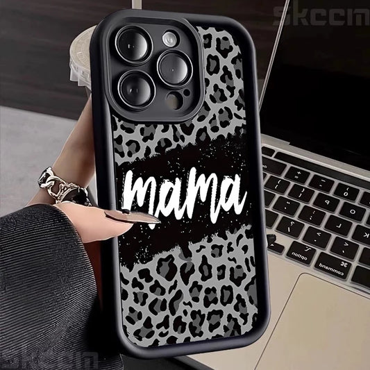 Stylish Leopard Print Mom Letter Pattern Phone Case - Full Coverage Matte Silicone for iPhone 16, 15 Pro Max, 14 Plus, 13, 12, 11, X, XS, XR, 7, 8 Plus