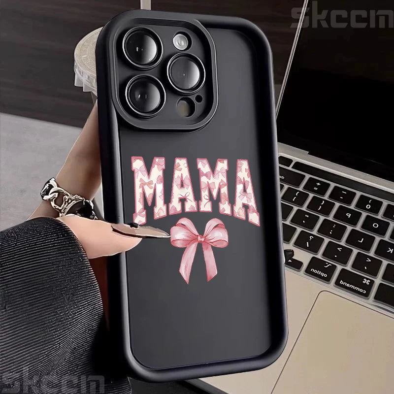 Stylish Pink Bow Mom's Letter Pattern Silicone Phone Case for iPhone 11 to 16 Pro Max - Full Coverage & Anti-Scratch Protection