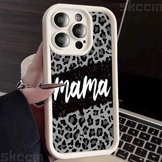 Stylish Leopard Print Mom Letter Pattern Phone Case - Full Coverage Matte Silicone for iPhone 16, 15 Pro Max, 14 Plus, 13, 12, 11, X, XS, XR, 7, 8 Plus