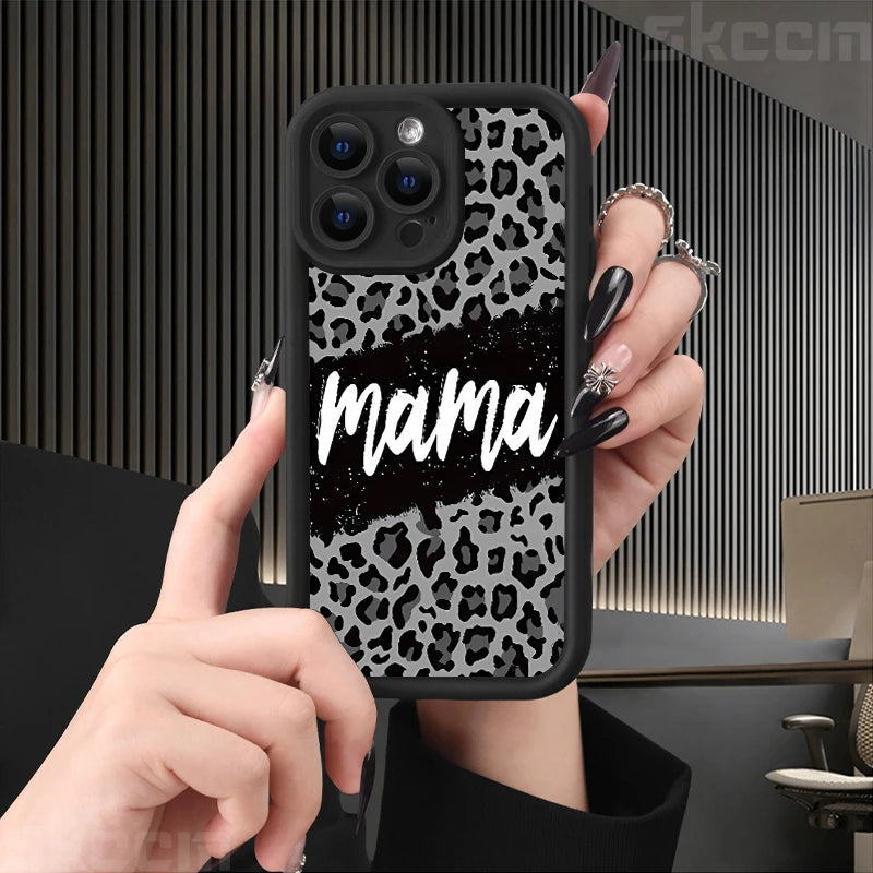 Stylish Leopard Print Mom Letter Pattern Phone Case - Full Coverage Matte Silicone for iPhone 16, 15 Pro Max, 14 Plus, 13, 12, 11, X, XS, XR, 7, 8 Plus