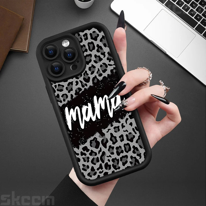 Stylish Leopard Print Mom Letter Pattern Phone Case - Full Coverage Matte Silicone for iPhone 16, 15 Pro Max, 14 Plus, 13, 12, 11, X, XS, XR, 7, 8 Plus