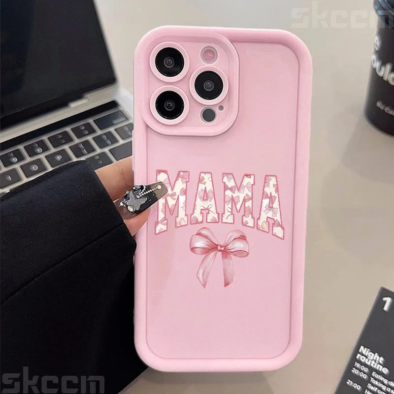 Stylish Pink Bow Mom's Letter Pattern Silicone Phone Case for iPhone 11 to 16 Pro Max - Full Coverage & Anti-Scratch Protection