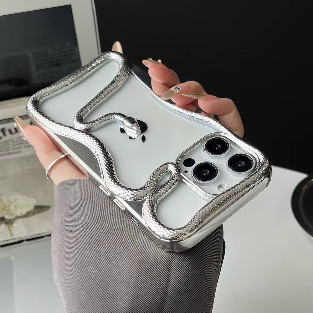 Luxury 3D Snake Hollow Dissipate Heat Phone Case for Iphone 16 15 14 13 12 11 Pro Max Shockproof Electroplated Soft Cover